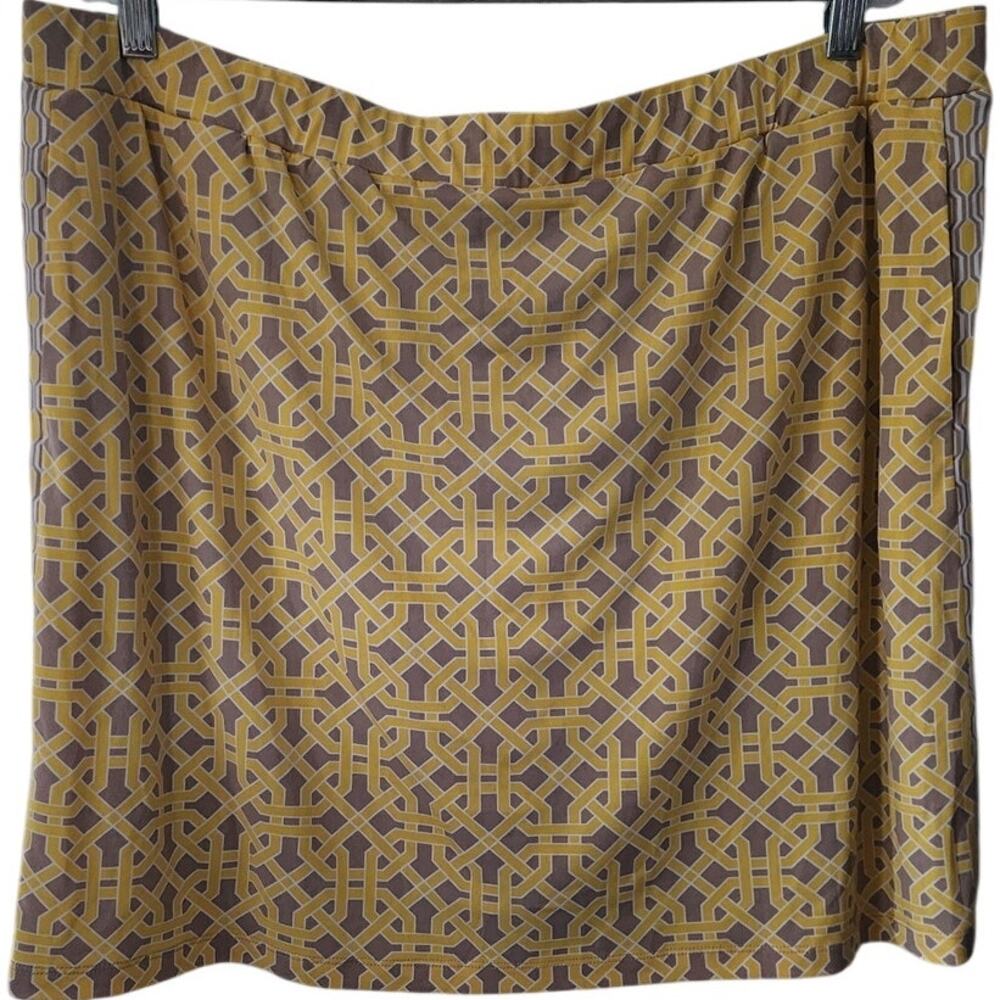 Susan Graver Yellow Tan Skirt Liquid Knit Trellis Print Size XL